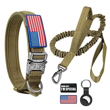 Imagem de Coleira tática para cães e coleira elástica, conjunto de coleira e coleira militar camuflada com bandeira americana dos EUA ajustável K9 com fivela e alça de metal resistente, com adesivos e estojo Airtags (G, marrom)