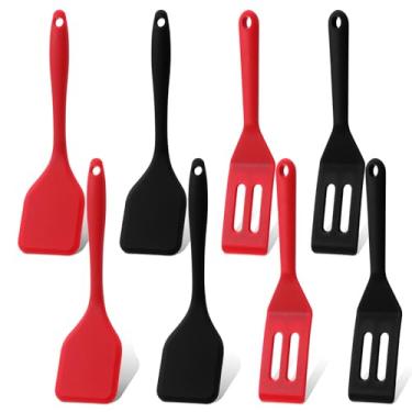 Imagem de Conjunto de 8 espátulas de silicone para brownie, espátulas flexíveis antiaderentes, espátulas de cozinha resistentes ao calor para ovos, crepe, bife, pizza, utensílio de cozinha (vermelho, preto)