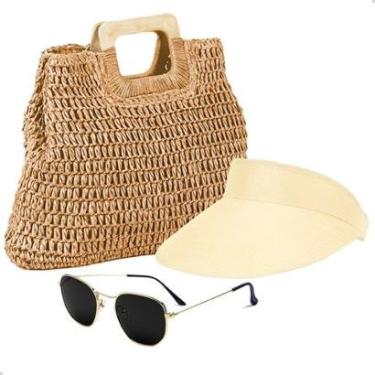 Imagem de Kit Bolsa De Palha Feminina + Viseira Solar E Oculos De Sol Com Proteção Uv Moda Praia-Feminino