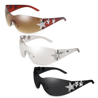 Imagem de 3 pares de óculos de sol Y2K para mulheres e homens, óculos escuros modernos envolventes, estrela sem aro, óculos grandes modernos sem moldura, Marrom, preto, prata