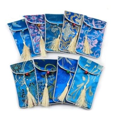 Imagem de Only My Live Home Bolsas femininas para celular com alça de tecido para óculos bolsa de joias atacado brocado de seda chinesa sacos de embalagem 10 peças (17 x 8 cm, padrão aleatório azul celeste (10