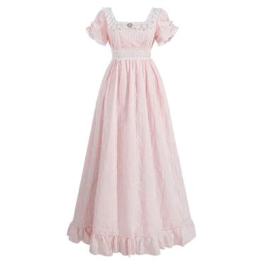 Imagem de LTAKK Regency Dress Vestido feminino Regency fantasia cintura império vestido vitoriano festa chá com broche de pérola, Rosa florescendo, G