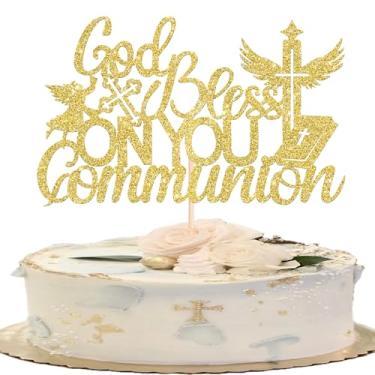 Imagem de 1 pacote com enfeite de bolo de comunhão com glitter cruz de pombo da paz palhetas de bolo religiosas God Bless para batismo tema chá de bebê 1º aniversário decoração de cupcake dourado
