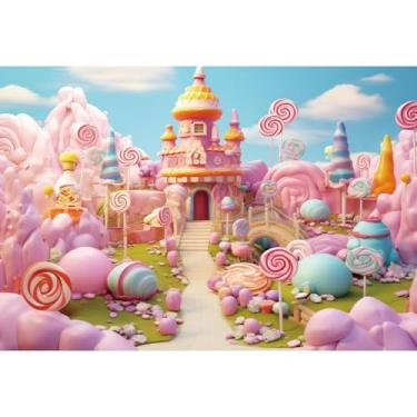 Imagem de Yeele 2,1 x 1,5 m pano de fundo fantasia Candyland céu azul conto de fadas sobremesa castelo rosa pirulitos doces mundo fotografia fundo para meninas, aniversário, chá de bebê, decoração de festa de