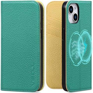 Imagem de VISOUL Capa fólio compatível com iPhone 15 capa carteira com porta-cartão, couro real de pedras, cor contrastante, capa flip magnética designer para iPhone 15 (6,1 polegadas) - Verona verde + amarelo