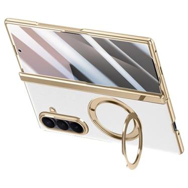 Imagem de LYJSMGZ Capa revestida para Samsung Galaxy Z Fold 7, protetor de tela, dobradiça, anel giratório, capas de telefone couro vegano, borda dourada, branca, dobra 7