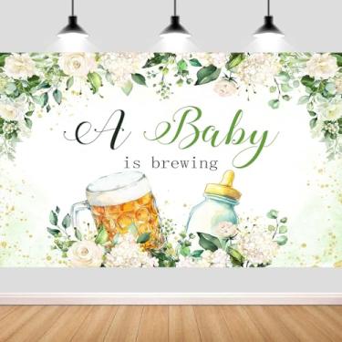 Imagem de Pano de fundo floral para decoração de chá de bebê com folhas verdes sálvia de 2,1 x 1,5 m, faixa de fundo de sessão de fotos para decoração de celebração de gênero e revelação de gênero