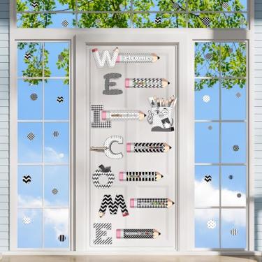 Imagem de Janlaugh 6 folhas adesivos de boas-vindas para porta de volta às aulas decoração de porta de PVC lápis janela adesivos de sala de aula para primeiro dia de escola primária (preto e branco, estilo