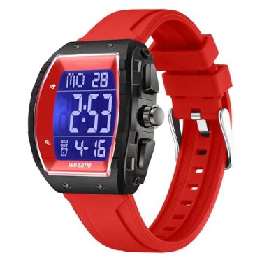 Imagem de findtime Relógio digital masculino Tonneau esportivo à prova d'água moda grande alarme LED relógio masculino calendário horário duplo casual pulseira de silicone, Vermelho, Casual
