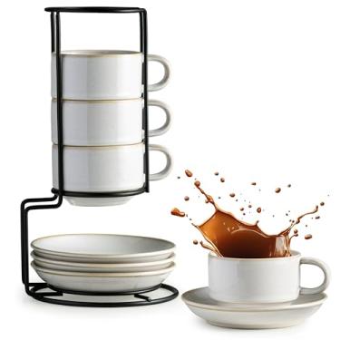 Imagem de Gomakren Xícaras de cappuccino de 170 g com pires e suporte de metal, conjunto de 4 xícaras de café empilháveis, xícaras de café expresso de porcelana de Halloween para bebidas de café, cappuccino