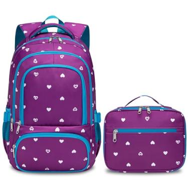 Imagem de BLUEFAIRY Kids Backpack with Lunch Box for Girls Boys Elementary Primary Middle School Bag with Lunch Bag Set 17 Inch Bookbag Mochilas Escolares para Niñas Niños (Hearts, Purple)