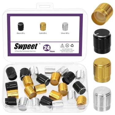 Imagem de Swpeet 24 peças 3 cores 15 x 17 mm liga de alumínio controle de volume botão rotativo kit sortido, eixo de 6 mm, botões de controle de potenciômetro de metal serrilhado, potenciômetros de inserção de