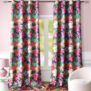 Imagem de Cortinas florais tropicais extralongas com bloco de calor de 277 cm de comprimento, cortinas de hibisco rosa choque com laços para privacidade na sala de estar, cortinas coloridas de flores pesadas