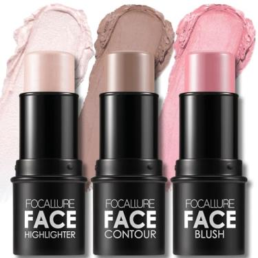 Imagem de FOCALLURE 3 palitos de contorno de creme, tons com iluminador, bronzeador e blush, caneta de contorno facial de longa duração não oleosa, fácil de esculpir o rosto e criar uma maquiagem de acabamento