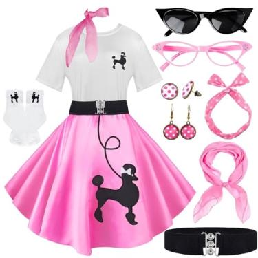 Imagem de 10 peças de roupas femininas, saias poodle dos anos 1950, camiseta poodle com acessórios dos anos 50, meias, cachecol, faixa de cabeça, brinco de cinto, rosa, XX-Large