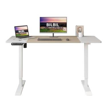 Imagem de bilbil Mesa de pé elétrica ajustável em altura, 139 x 61 cm, suporte para trabalho, escritório, casa, mesa ergonômica para computador com memória predefinida com emenda (carvalho, branco)