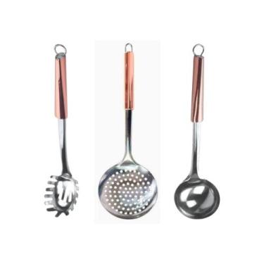 Imagem de Kit Utensílios Cozinha Inox Concha Feijão e Caldos Pegador de Massa Es
