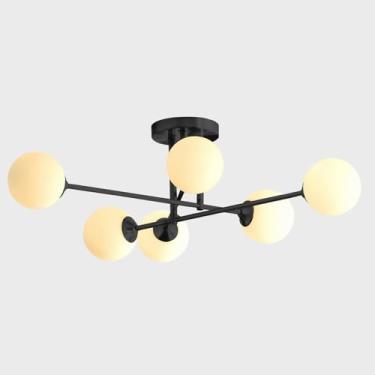 Imagem de Flyrose Lustre Sputnik moderno preto luminárias de teto 6 luzes globo de vidro de leite Sputnik lustre meados do século quarto semi embutido luz de teto