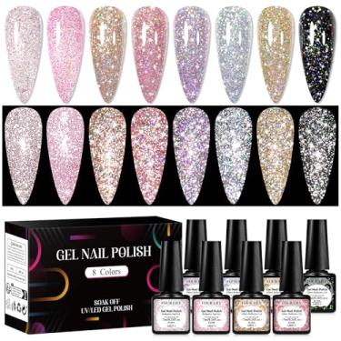 Imagem de Four Lily Conjunto de 8 cores de esmalte de gel com glitter reflexivo, rosa, vermelho, preto, prata, brilhante, kit de coleção de esmalte de gel de imersão de LED, kit de gel para manicure e manicure
