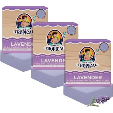 Imagem de Mr. Tropical Perfume natural de lavanda feito à mão, óleos essenciais masculino e feminino, sabonete para barba para o corpo, sabonete em barra nutritivo para lavagem facial - 156 g - pacote com 3