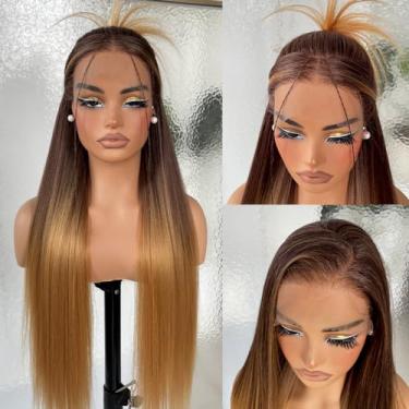 Imagem de BlackSwern Peruca frontal de renda lisa loira mel 33 x 15 cm, peruca frontal sintética sem cola, loira ombré, pré-arrancada, pronta para usar, cabelo humano semelhante, densidade 200, 81 cm #1B/30/27