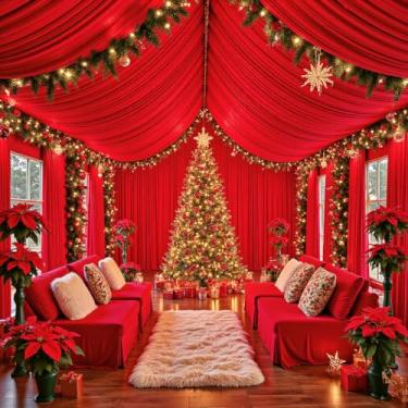 Imagem de PartyVillage 10 painéis de 1,5 m x 6 m cortinas de teto vermelhas para festas de casamento – 6 m de poliéster grosso extra longo sem rugas decoração de barraca para festa de aniversário, cerimônia de