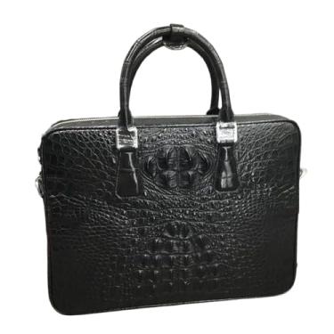 Imagem de Bolsa de ombro masculina clássica com pele de crocodilo genuína exótica cor de couro de jacaré autêntica masculina grande, Preto, 39cm(Length) x 29cm(Height) x 8.5cm(Deep)
