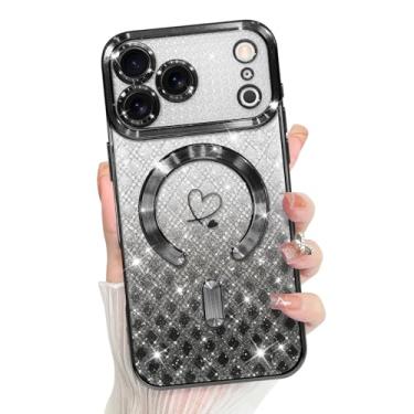 Imagem de Bonoma Capa compatível com iPhone 17 Pro Max 2025 com suporte para MagSafe, capa quadriculada magnética com glitter coração chapeado, proteção de câmera TPU para meninas e mulheres - preta