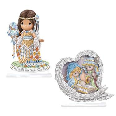 Imagem de Conjunto de enfeites de mesa de arte de diamante acrílico de 2 peças – decoração de estatueta de presépio em estilo nativo e asa de coração, kit de pintura de diamante de mesa para adultos, ornamentos