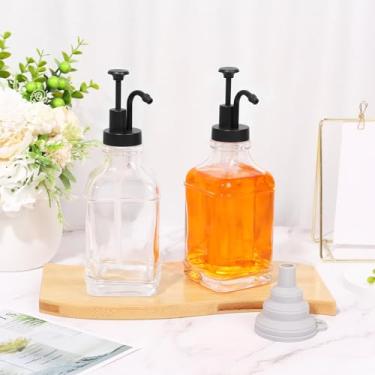 Imagem de DJAPWPX - Conjunto de dispensador de xarope de café com funil de silicone, frasco de xarope de vidro de 500 ml com adesivos de etiqueta, recipiente de xarope de café transparente, dispensador portátil