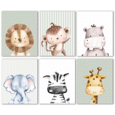 Imagem de IIILUYOT 6 peças de decoração de arte de parede de animais selvagens fofos para quarto de bebê, zebras, elefantes, leões, girafas, macacos florestais, berçário, floresta, pôster, conjunto de 6 (20 x
