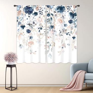 Imagem de Riyidecor Cortinas florais azul marinho primavera rosa flores silvestres folhas plantas ervas naturais botânico bolso para varão para mulheres mulheres meninas quarto sala de estar tratamento tecido 2