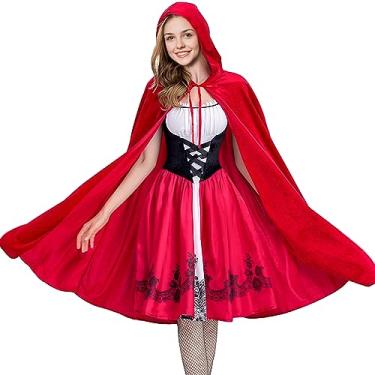 Imagem de SHEJIZE Fantasia feminina de chapeuzinho vermelho gótico, capa de Halloween para meninas, vestido de fantasia de chapeuzinho vermelho, Vermelho, X-Large