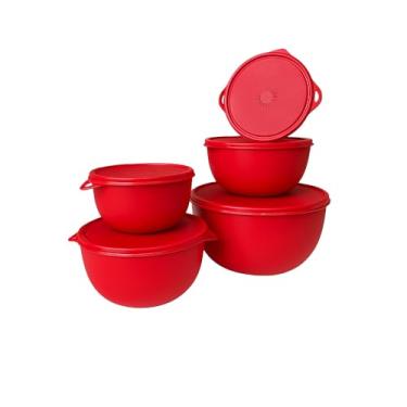 Imagem de Kit Com 5 Bowls Com Tampa Leve Freezer Máquina de Lavar e Micro-ondas Livre de BPA 500 ML, 1 Litro, 2,800 ML Vasilha de Plástico Redondo Premium Moderna Clean FONSES (Vermelho)