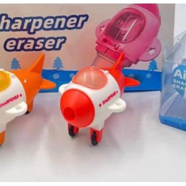 Imagem de Apontador de Lápis Avião, Borracha Escolar Divertida em Forma de Avião, Laranja e Branco