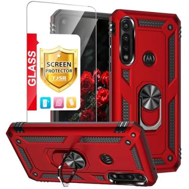Imagem de TJS Capa compatível com Motorola Moto G Power (2020), com [protetor de tela de vidro temperado] Anel de metal, suporte magnético, suporte, resistente, capa protetora contra quedas (vermelha)