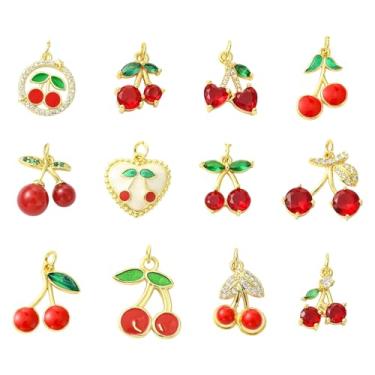 Imagem de UR URLIFEHALL 12 peças de pingentes de zircônia cúbica micropavê de latão cereja 12 estilos verdadeiros banhados a ouro 18K pingentes de frutas para fazer joias DIY