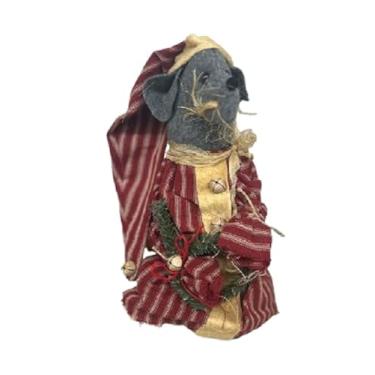 Imagem de Handmade Folk Art Fabric Mouse Figurine in Red Striped Pajamas with Wreath and Jingle Bell Holiday Bedtime Decor 11.5 x 5 x 5 Inches