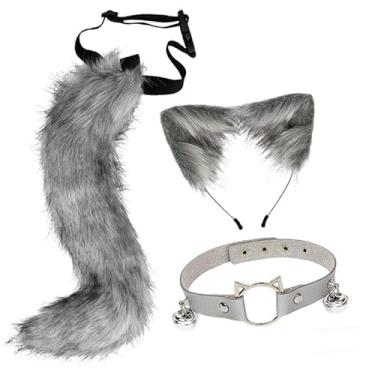 Imagem de kowaku Conjunto de orelhas e cauda de gato e, sino, chapéu para festa, carnaval, baile de máscaras, Cinza