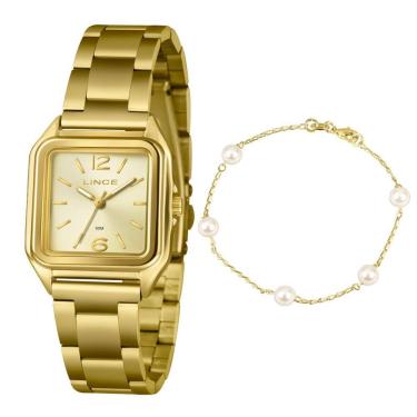 Imagem de Kit Relógio Lince Feminino Dourado Quadrado Lqgm060l30 C2kx