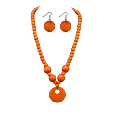 Imagem de KZL Conjunto de brincos com pingente de contas de madeira vintage redondo boêmio colorido contas de madeira natural suéter gargantilha colar declaração conjunto de joias étnicas para mulheres, Madeira