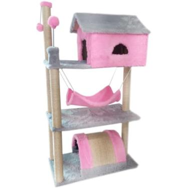 Imagem de Arranhador Para Gatos 3 Andares Com Casinha Rede Poste Toca Brinquedo Antiestresse (ROSA COM CINZA)