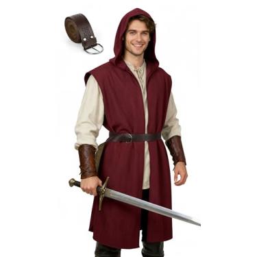 Imagem de Fantasia masculina renascentista com capuz, sobretudo, túnica medieval, sem mangas, capa viking, fantasia Holloween LARP Assassin Cosplay, Vermelho, Small