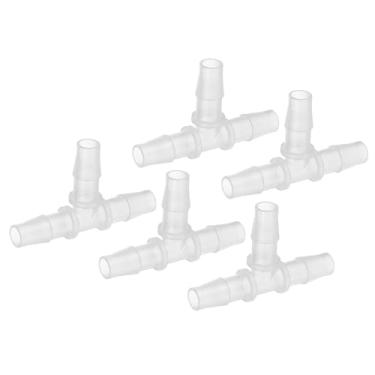 Imagem de Encaixe de farpa de mangueira de plástico de 3/20.3 cm, 5 peças igual em forma de T 3 vias adaptador de emenda união interseção farpada dividida para ar água combustível gás líquido tubo, transparente