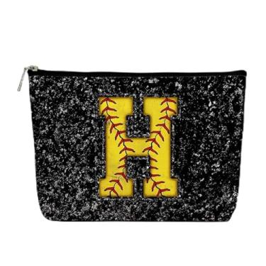 Imagem de Bolsa de maquiagem inicial, monograma, letra H, bolsa cosmética, bolsa com zíper, acessórios de softball, para meninas, mulheres, jogadoras, treinadoras, amigas, presentes de aniversário de formatura