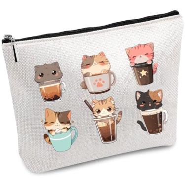 Imagem de Bolsa de maquiagem de gato, bolsa de cosméticos de lona, estojo de caneta multiuso com zíper, bolsa de higiene pessoal, bolsa de viagem, kit de sobrevivência portátil para mulheres, café, boba, chá