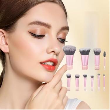 Imagem de Conjunto de pincéis de maquiagem para viagem, 10 minipincéis de maquiagem, tamanho de viagem, com pacote, portátil, pequeno, sombra, batom, base, pincel de sombra e contorno corretivo (rosa)