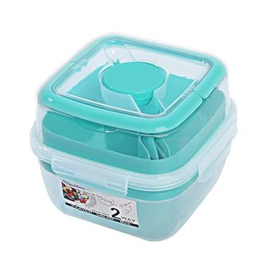 Imagem de 1 caixa de salada verde de camada dupla com garfo e recipiente de molho caixa de cereais em movimento - 800 ml, perfeita para café da manhã, passeios e piqueniques! Verde