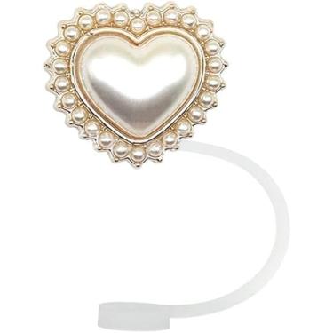 Imagem de Capa de palha para copo Stanley, branco elegante pérola flores palha topper para mulheres, capa de palha de silicone de 8 mm serve para Stanley Tumbler, decoração de presentes de festa temática