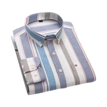 Imagem de Camisa Masculina De Manga Longa 100% Algodão Com Estampa Xadrez Botão 